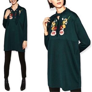 NEW WITHOUT TAG Dark Green, Embroidered with Floral Ornament, Neck Tie Dress, S